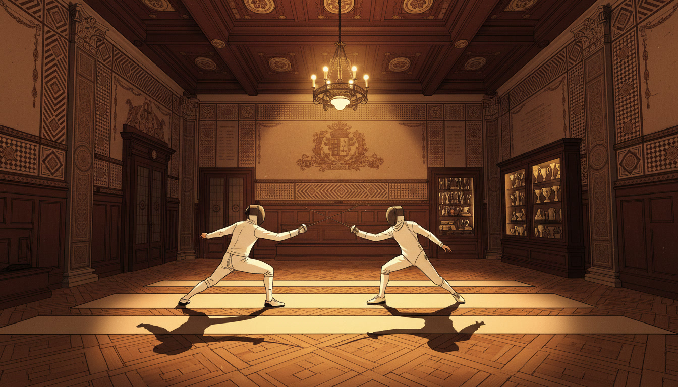 Fencing hall — white jackets in a Milanese palazzo