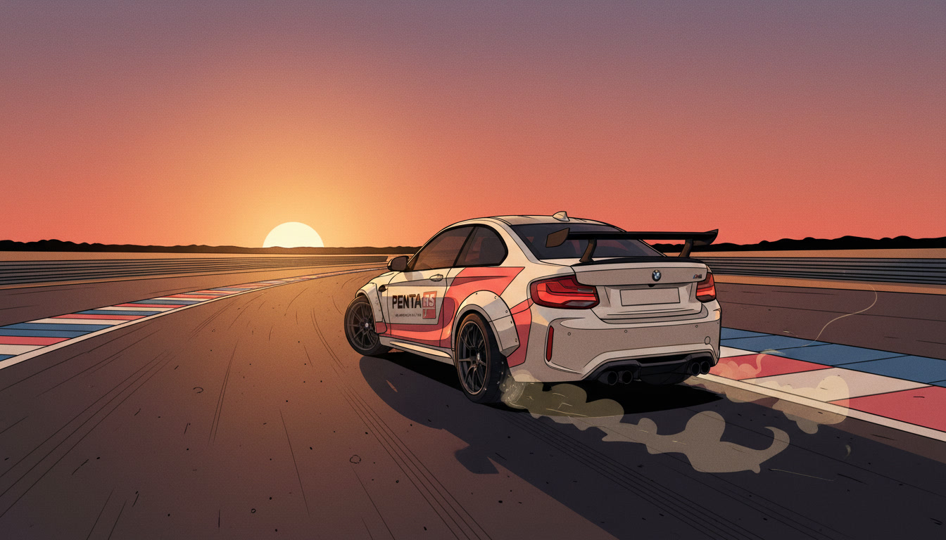 Golden-hour drift on Paul Ricard blue & red tarmac